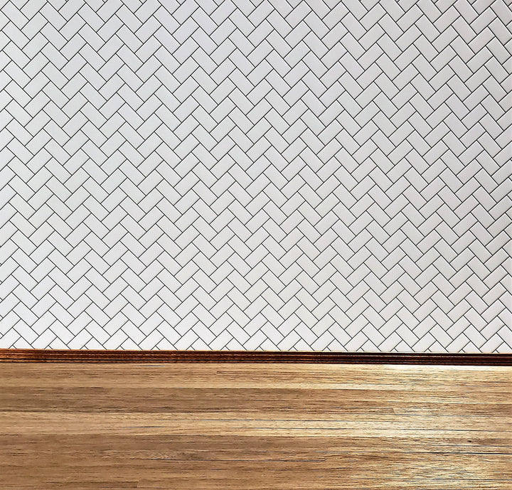 Dollhouse Subway Tile Herringbone White Embossed Glossy Card 1:12 Dark Grout