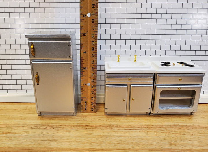 Dollhouse Kitchen Set Stove Refrigerator Sink Modern Silver 1:12 Scale Furniture