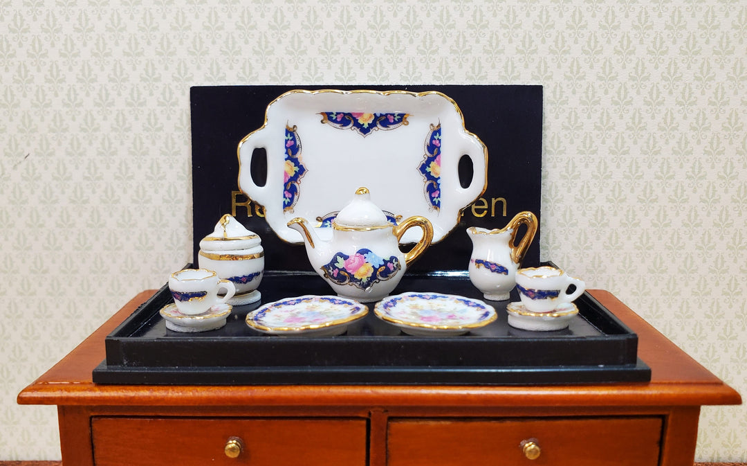 Dollhouse Tea Set Reutter Porcelain Royal Blue 1:12 Scale Plates Tray Cups