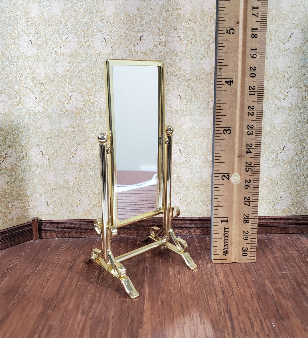 Dollhouse Mirror Full Length Dressing Tilting Gold Metal Frame 1:12 Scale Miniature Accessory