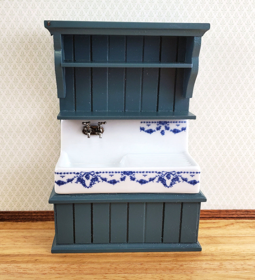 Dollhouse Reutter Sink Cabinet Blue & White 1:12 Scale Miniature Kitchen