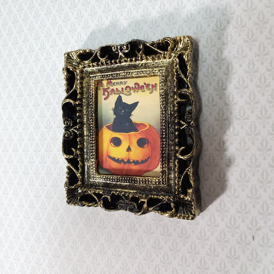 Miniature Vintage Black Cat in Pumpkin Halloween Framed Print 1:12 Scale Witch House