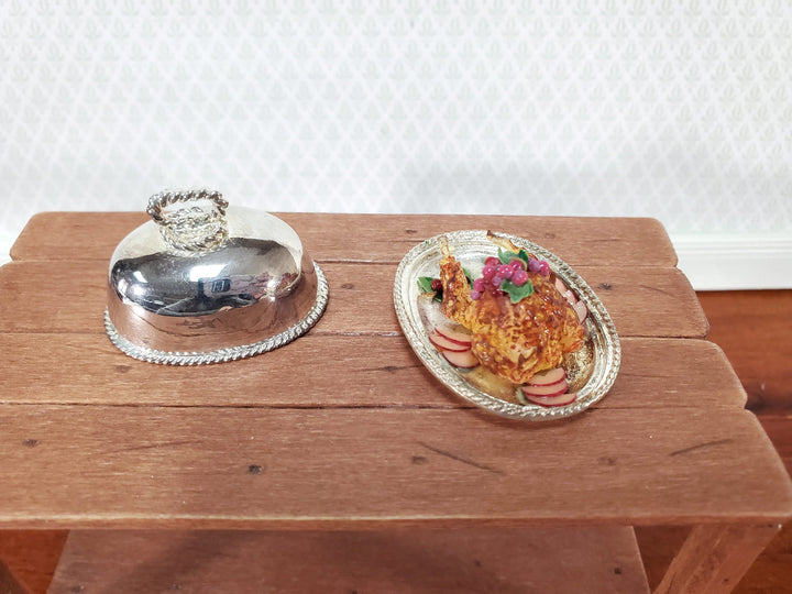 Dollhouse Food Chicken with Fruit on Silver Plated Platter with Lid 1:12 Scale Miniature by Falcon