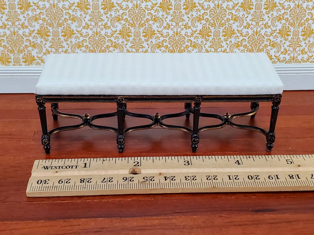 Dollhouse JBM Long Bench Black & Gold White Padded Seat 1:12 Scale Furniture