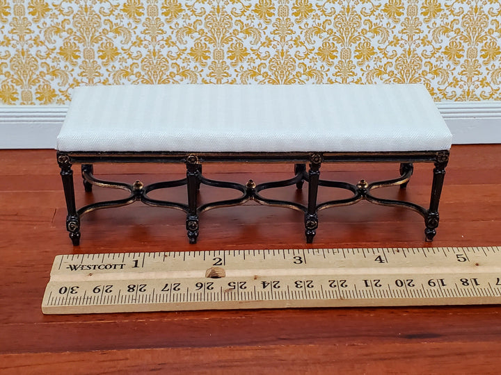 Dollhouse JBM Long Bench Black & Gold White Padded Seat 1:12 Scale Furniture