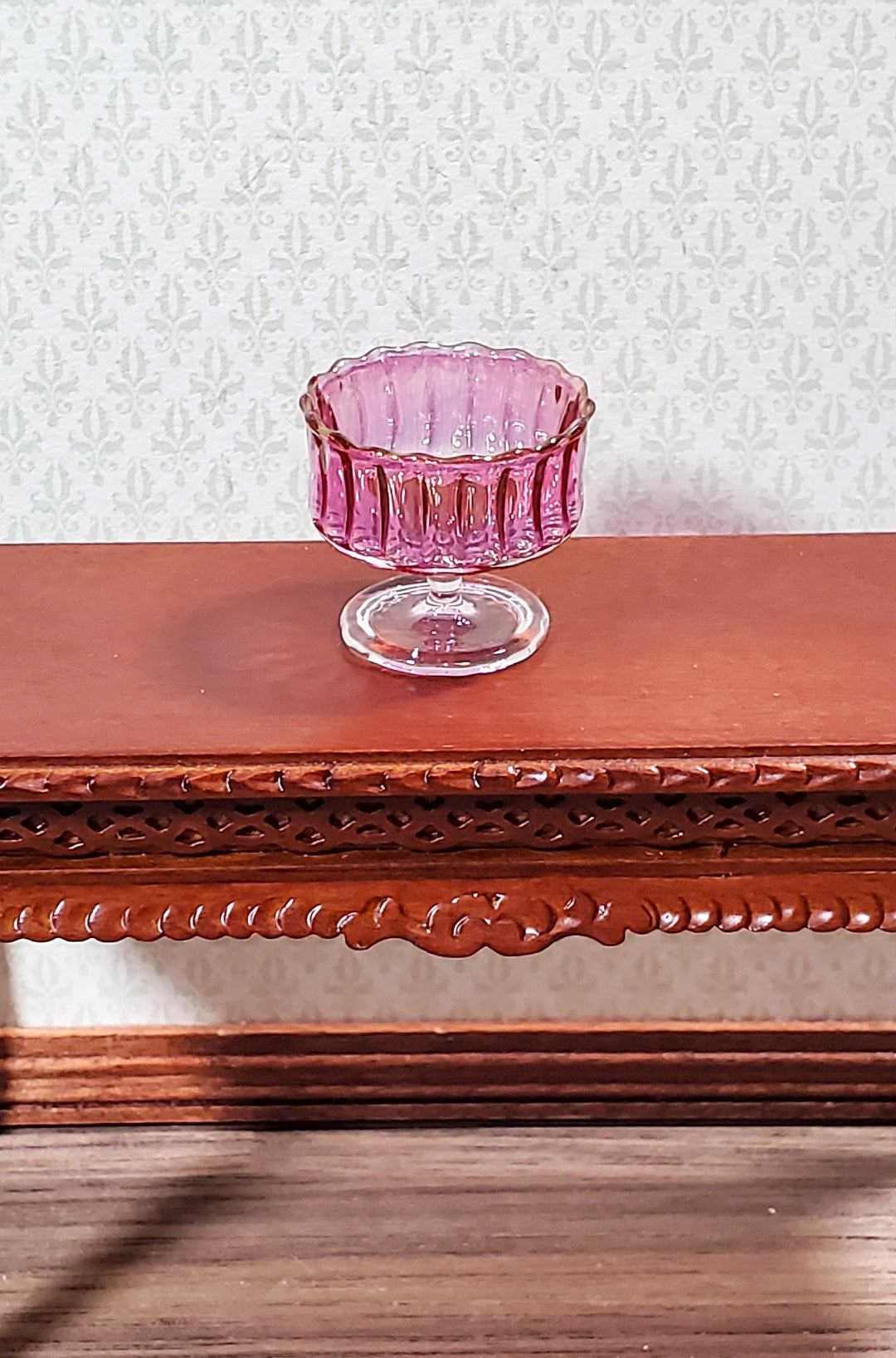 Dollhouse Miniature Fruit Bowl Cranberry Ribbed Fluted Glass 1:12 Scale Hand Blown