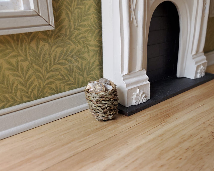 Tiny Seashells in Small Round Natural Fiber Basket 1:12 Scale Miniature
