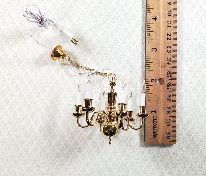 Dollhouse Brass Chandelier 6 Arm 12 Volt Electric 1:12 Scale Miniature