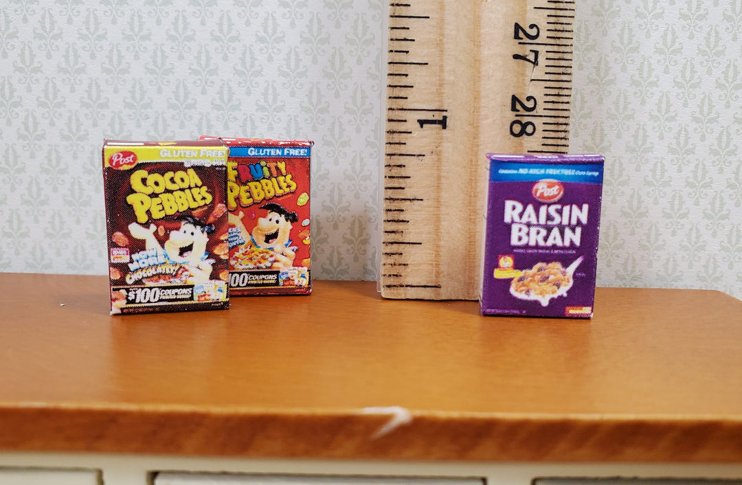 Dollhouse Cereal Boxes x3 Cocoa & Fruity Pebbles Raisin Bran 1:12 Scale Kitchen