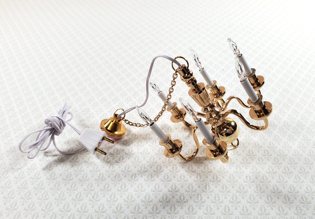 Dollhouse Brass Chandelier 6 Arm 12 Volt Electric 1:12 Scale Miniature