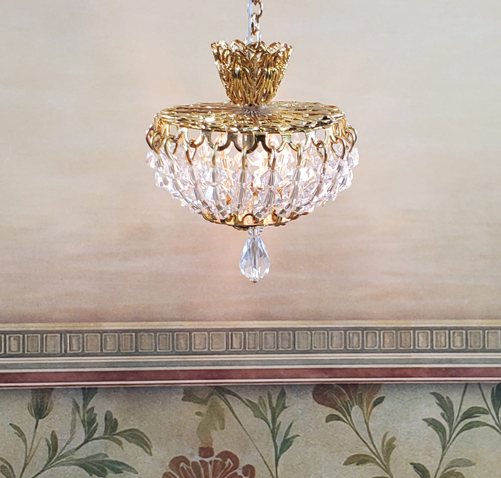 Dollhouse Ceiling Light Real Glass Crystals Low Profile 12 Volt 1:12 Scale Miniature