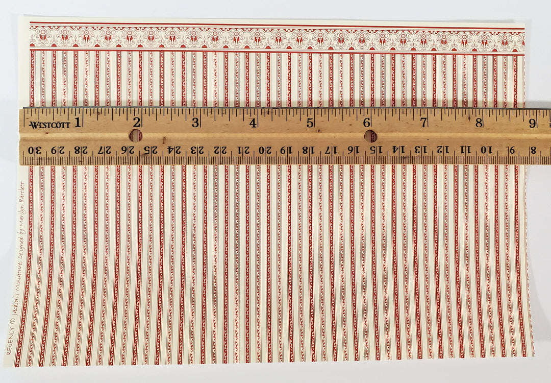 Dollhouse HALF SCALE Wallpaper 3 Sheets Red & Cream Striped "Regency" 1:24 Scale