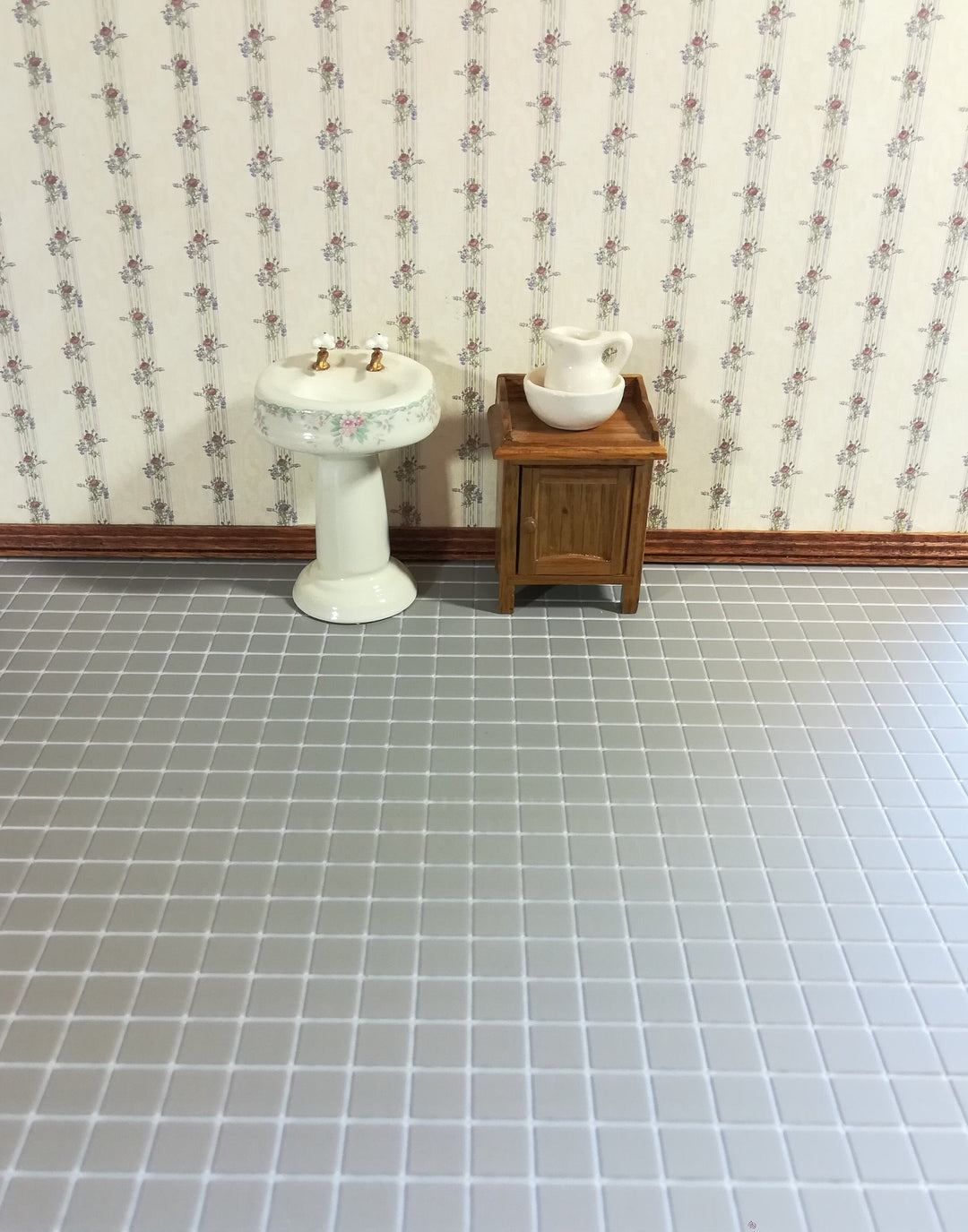 Dollhouse Tile Floor Chateau Gray Square Embossed Vinyl 1:12 Scale Miniature