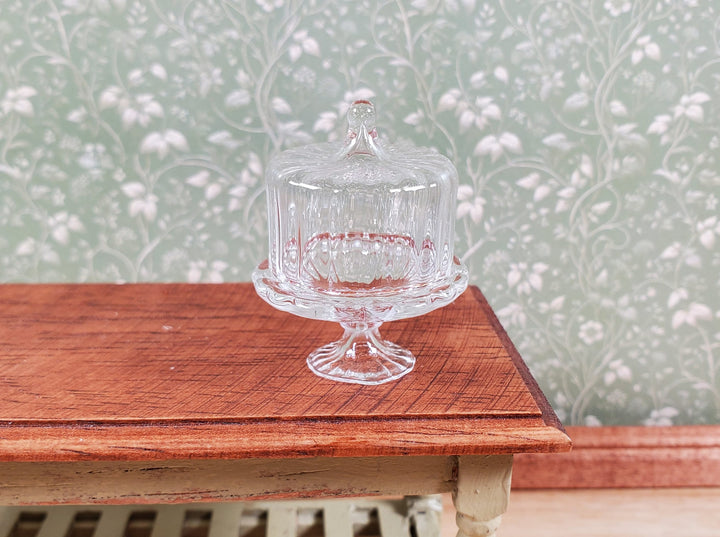 Dollhouse Clear Glass Fluted Cake Stand with Cover 1:12 Scale Miniature Kitchen