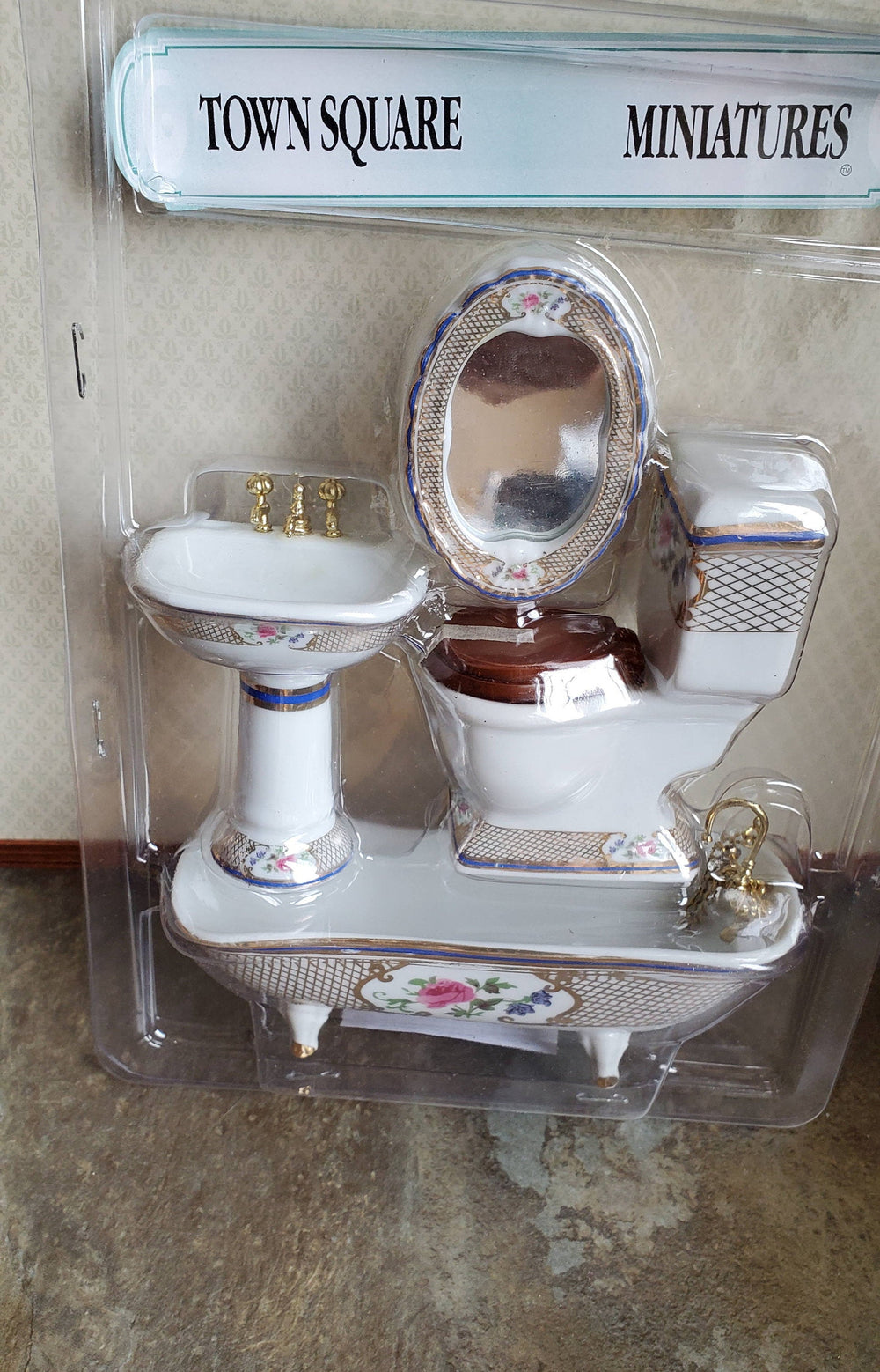 Dollhouse Miniature Bathroom Set White Gold Blue Porcelain Tub Toilet Sink 1:12 Scale