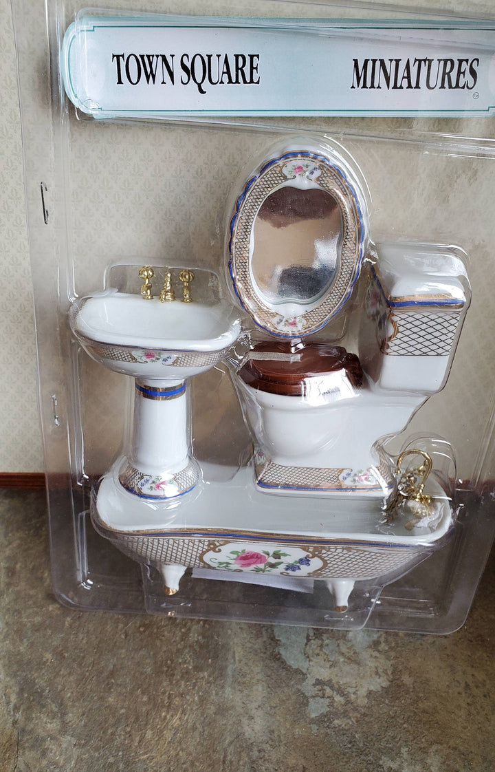 Dollhouse Miniature Bathroom Set White Gold Blue Porcelain Tub Toilet Sink 1:12 Scale