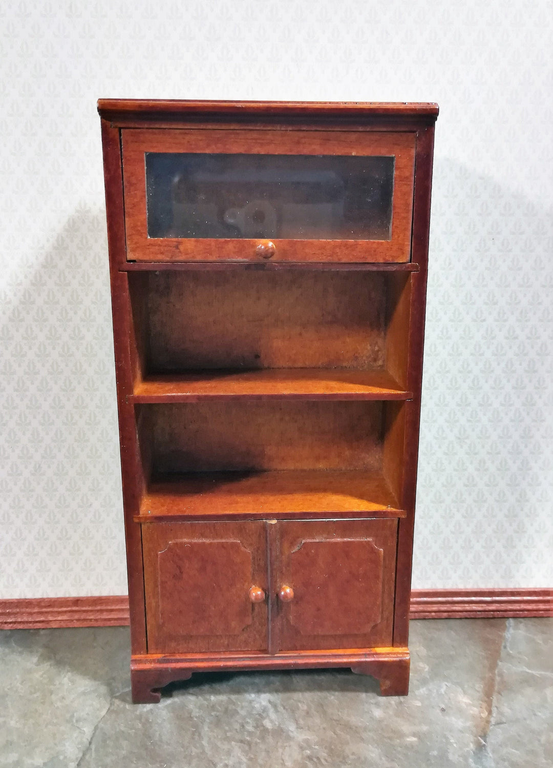 Dollhouse Bookcase Lift Up Door Walnut Finish 1:12 Scale Miniature Furniture Bookshelf