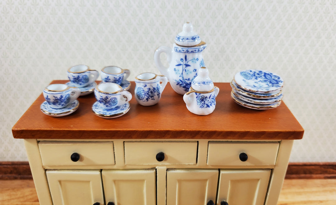 Dollhouse Coffee Set with Plates Blue White Floral Ceramic 1:12 Scale Miniature