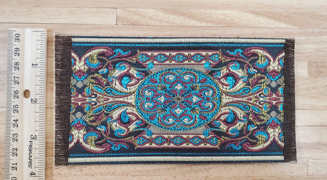 Dollhouse Rug Brown Blue & Gold 6 3/4" x 3 1/2" Woven Fabric 1:12 Scale Miniature