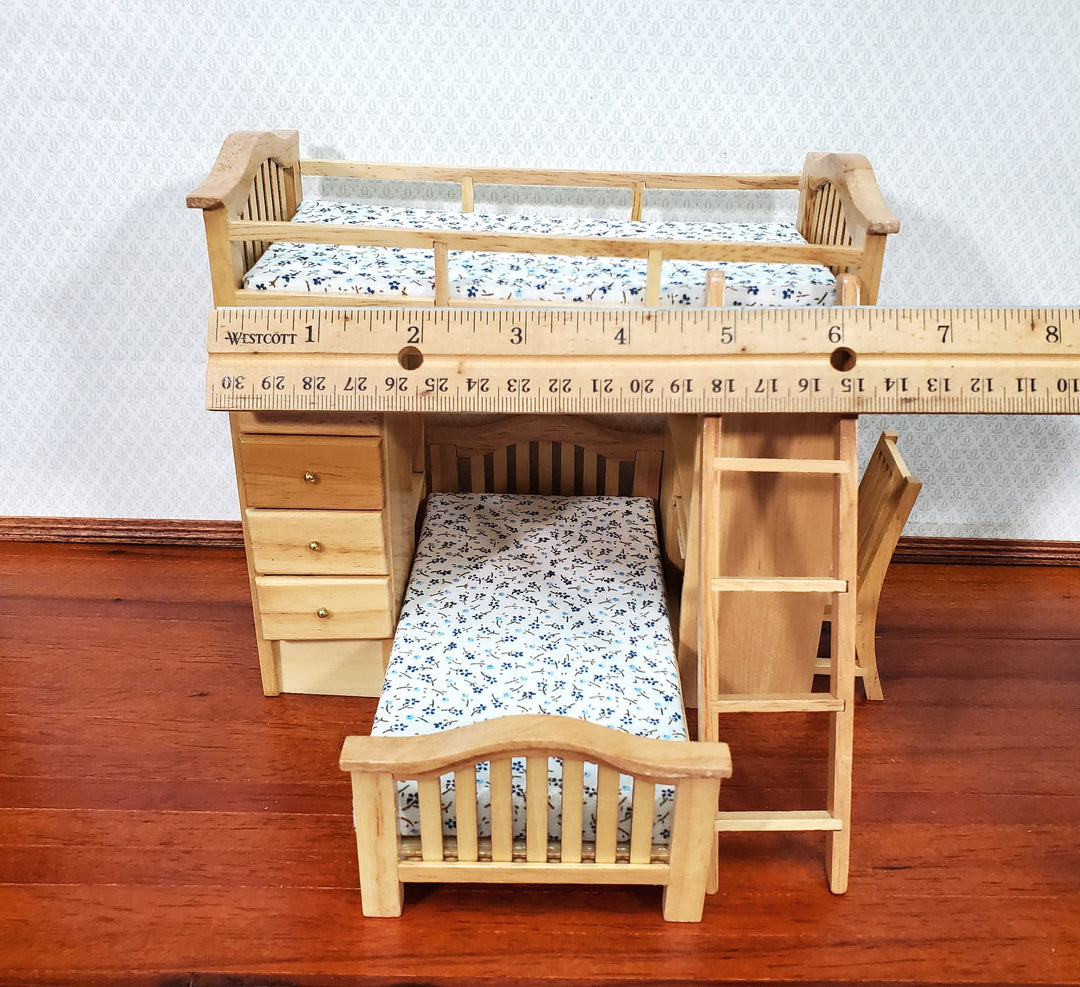 Dollhouse Bunk Beds Built in Shelves Desk with Ladder 1:12 Scale Miniature Furniture
