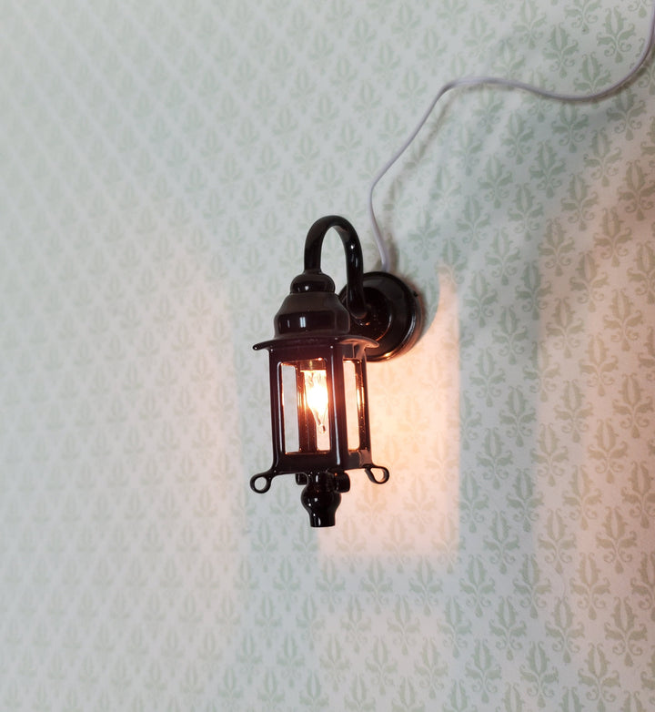 Dollhouse Miniature Black Coach Lamp Sconce 1:12 Scale 12 Volt Electric with Plug Porch Light