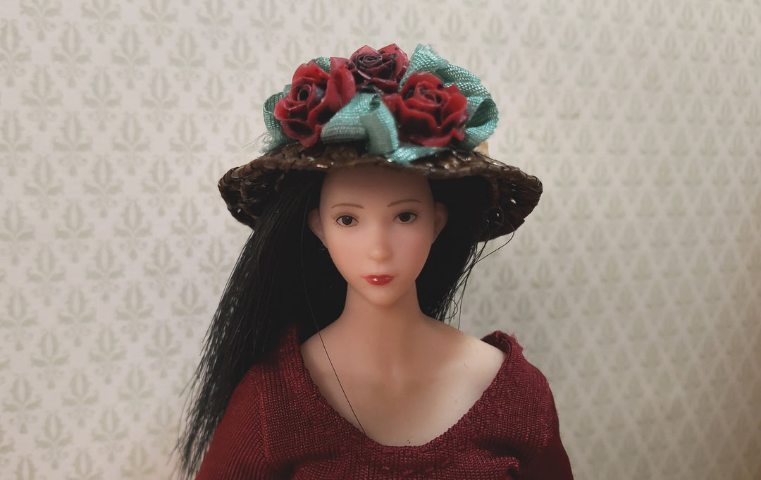 Dollhouse Victorian Hat Brown with Red Roses Handmade 1:12 Scale Miniature