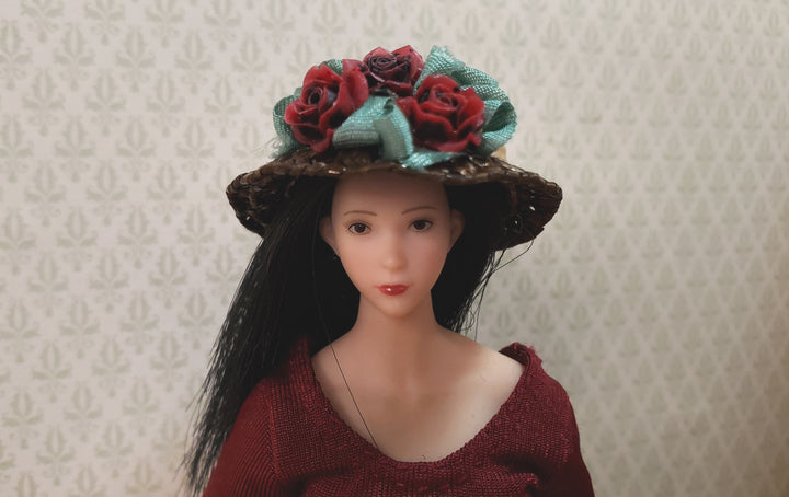 Dollhouse Victorian Hat Brown with Red Roses Handmade 1:12 Scale Miniature