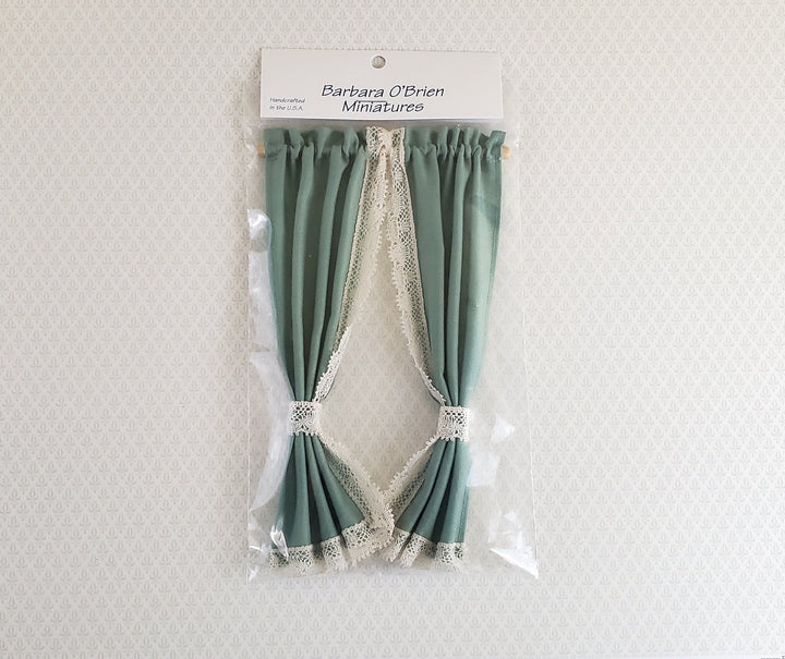 Dollhouse Miniature Curtains Green with Lace & Curtain Rod 1:12 Scale Handmade