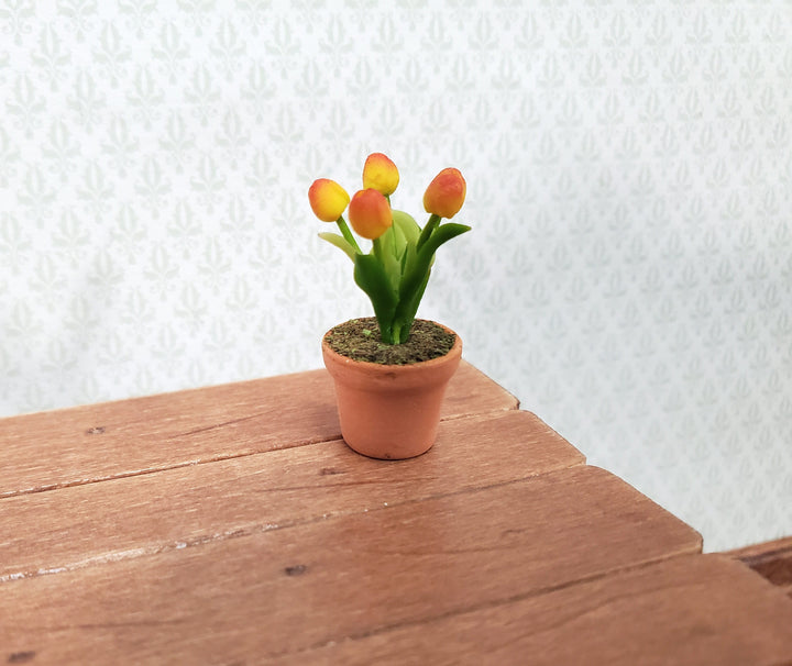 Dollhouse Yellow Orange Tulips in a Terra Cotta Planter Pot 1:12 Scale Miniature