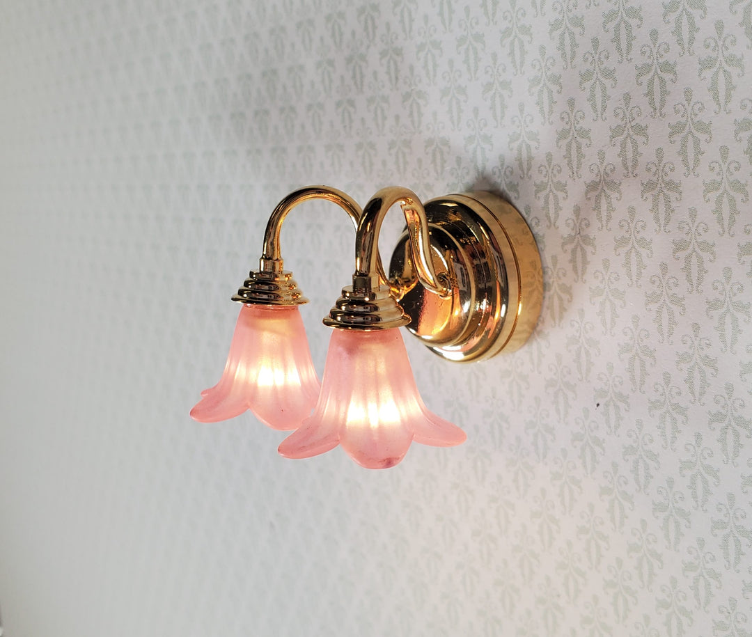 Dollhouse Wall Sconce Pink Flower Shades with Wand 1:12 Miniature Battery Lamp