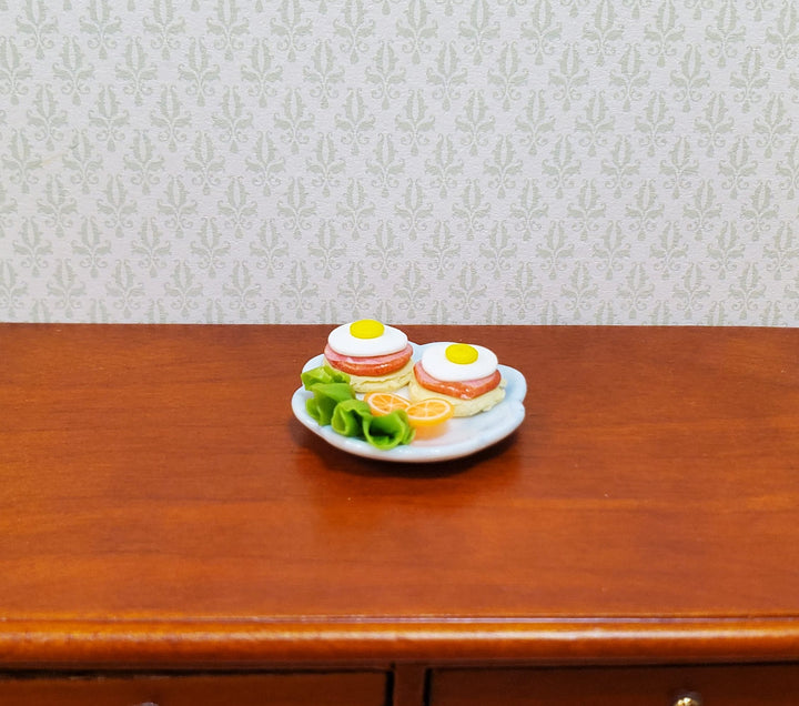Dollhouse Fried Eggs on Ham & Muffin on a Ceramic Plate 1:12 Scale Miniature