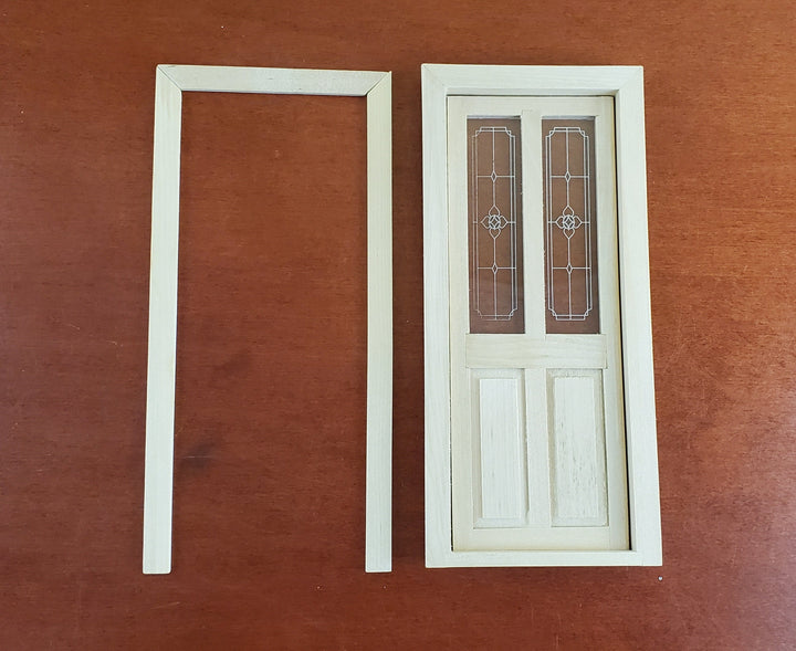 Dollhouse Exterior Front Door w/ Windows Etched Panes 1:12 Scale Unpainted Wood