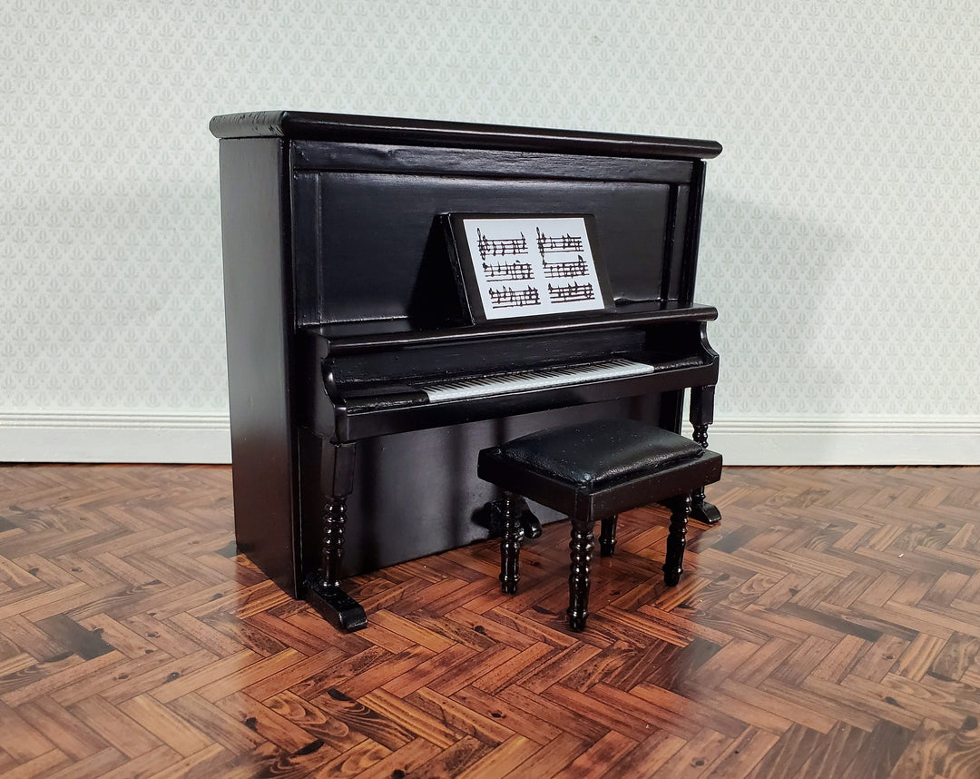 Miniature Upright Piano with Bench Seat Wood 1:12 Scale Dollhouse Black Finish