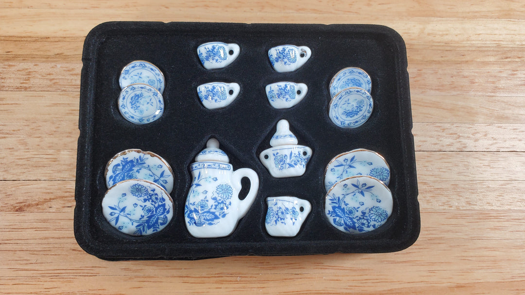 Dollhouse Coffee Set with Plates Blue White Floral Ceramic 1:12 Scale Miniature