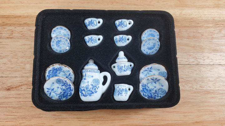 Dollhouse Coffee Set with Plates Blue White Floral Ceramic 1:12 Scale Miniature