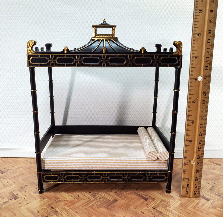 JBM Dollhouse Bed Qing Dynasty Style Black Gold 1:12 Miniature Bedroom Furniture