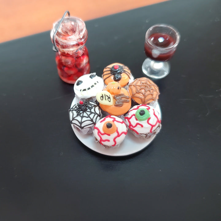 Dollhouse Cupcakes Halloween Theme on Ceramic Plate 1:12 Scale Miniature Food