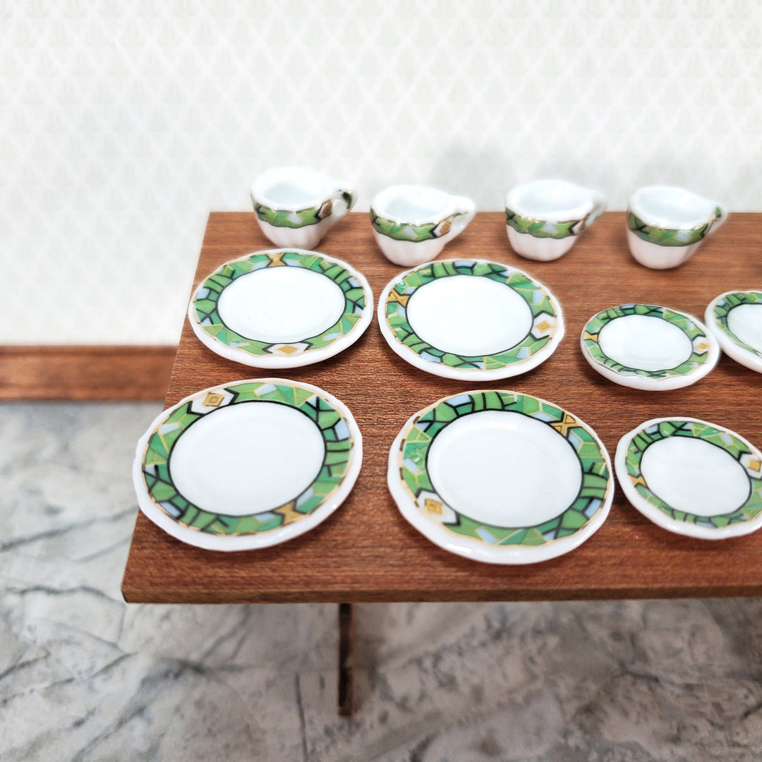 Dollhouse Coffee Tea Set Large Ceramic Pot Plates Cups Saucers 1:12 Scale Green White