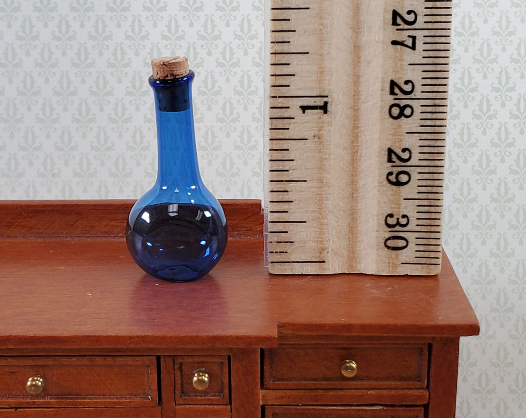 Miniature Glass Bottle Wine Decanter Cobalt Blue Corked Dollhouse Size 1 5/16"