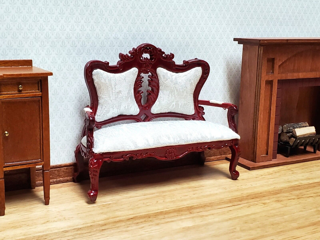 Dollhouse Victorian Sofa Couch White Brocade Style Fabric Mahogany Finish 1:12 Miniature Furniture