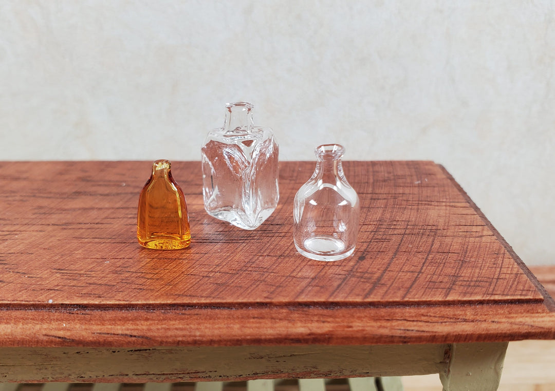 Dollhouse Miniature 3 Glass Jars 2 Clear 1 Amber Flask 1:12 Scale