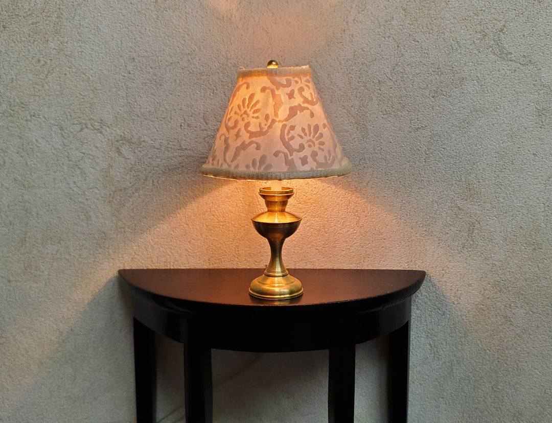 Dollhouse Table Lamp Embossed Cream Shade Brass Base 12 Volt Wired 1:12 Scale