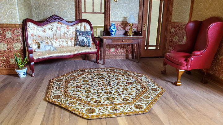Dollhouse Fabric Rug Octagon Cream Gold Maroon 1:12 Scale Miniature 6 3/4"