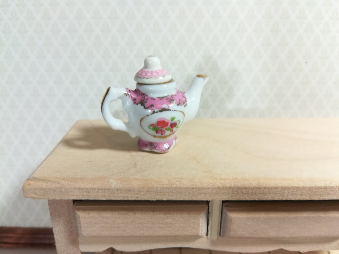 Dollhouse Miniature Ceramic Fancy Pink & White Teapot Removable Lid 1:12 Scale