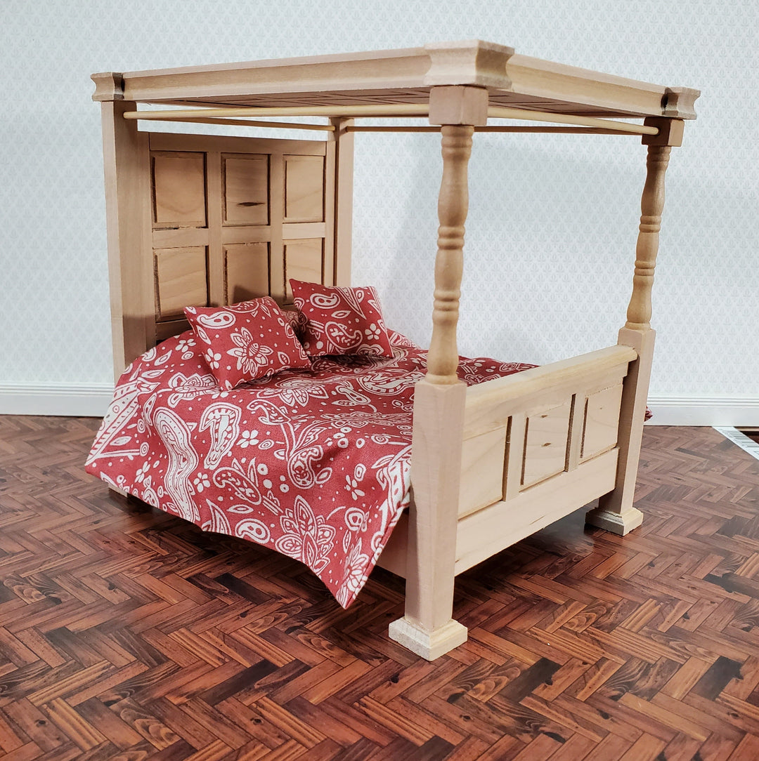 Dollhouse Bed 4 Poster Canopy Tudor Style Unpainted Wood 1:12 Scale Miniature Bedroom Furniture
