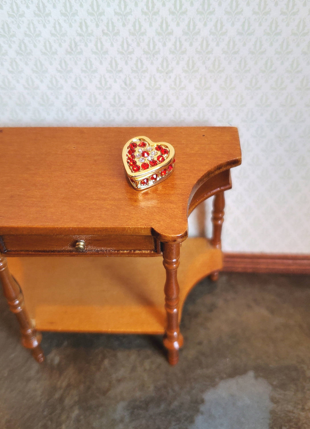 Dollhouse Jewelry Box with Ruby Red Jewels Heart Shape Opening Lid 1:12 Scale