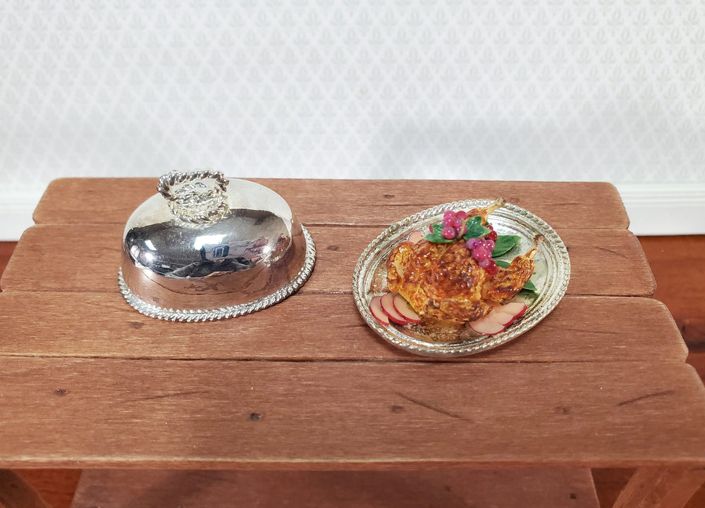 Dollhouse Food Chicken with Fruit on Silver Plated Platter with Lid 1:12 Scale Miniature by Falcon
