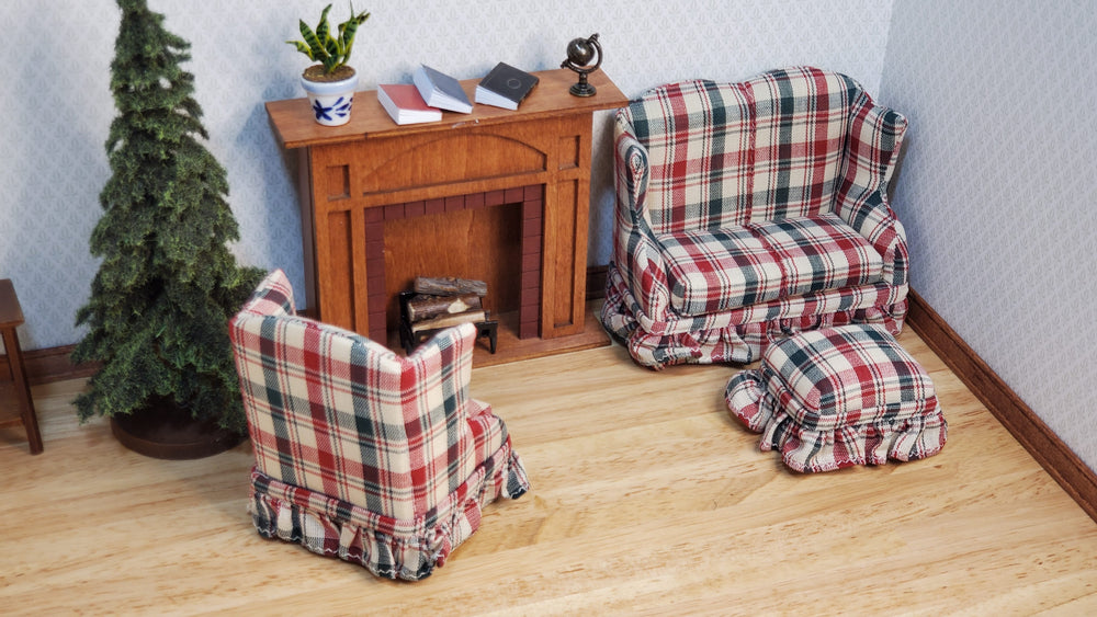 Dollhouse Small Sofa Chair Ottoman Red Green Plaid 1:12 Scale Miniature Furniture