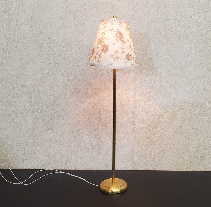 Dollhouse Brass Floor Lamp Rose Floral Shade 12 Volt Wired 1:12 Miniature