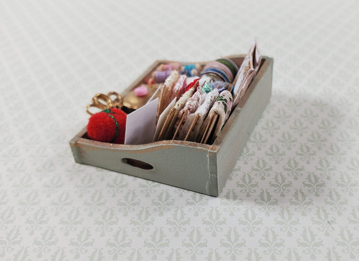 Dollhouse Sewing Box with Notions Patterns Lace Pin Cushion 1:12 Scale Miniature